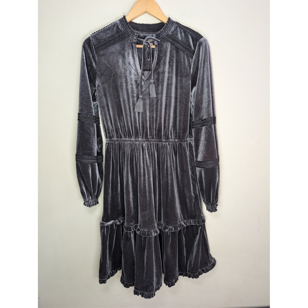 KATE & SAM Velvet Ruffle Tiered Dress Sz S Prairie boho Peasant Stretch Gray